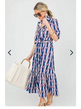 Zara Blue, White & Red Geometric Maxi Shirt Dress with Tie Waist